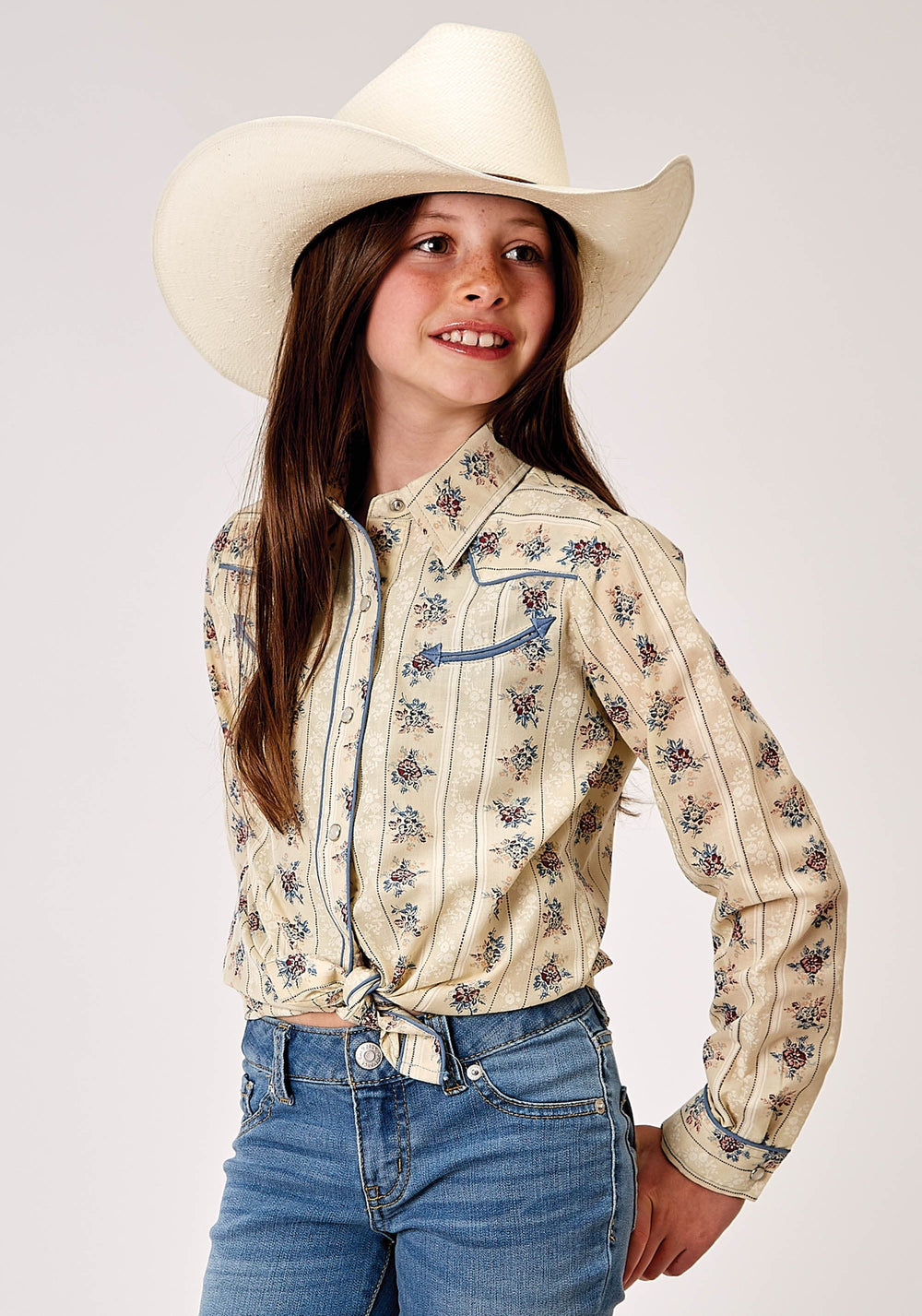 Roper Girls Long Sleeve Snap Floral Stripe Western Shirt With Solid Piping On Front And Back Yokes Smile Pockets - Roper