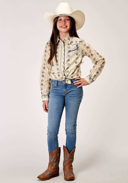 Roper Girls Long Sleeve Snap Floral Stripe Western Shirt With Solid Piping On Front And Back Yokes Smile Pockets - Roper - Flyclothing LLC