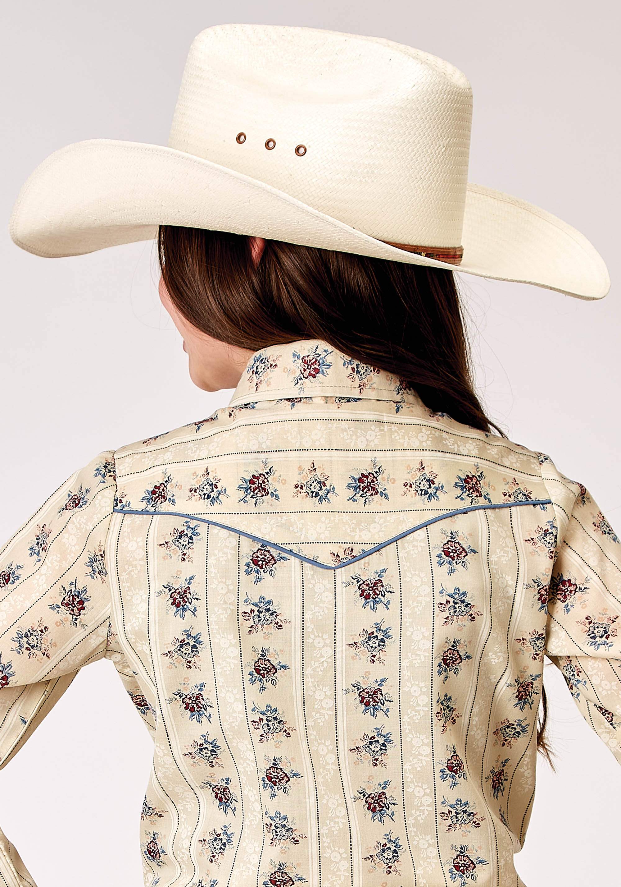 Roper Girls Long Sleeve Snap Floral Stripe Western Shirt With Solid Piping On Front And Back Yokes Smile Pockets - Roper - Flyclothing LLC