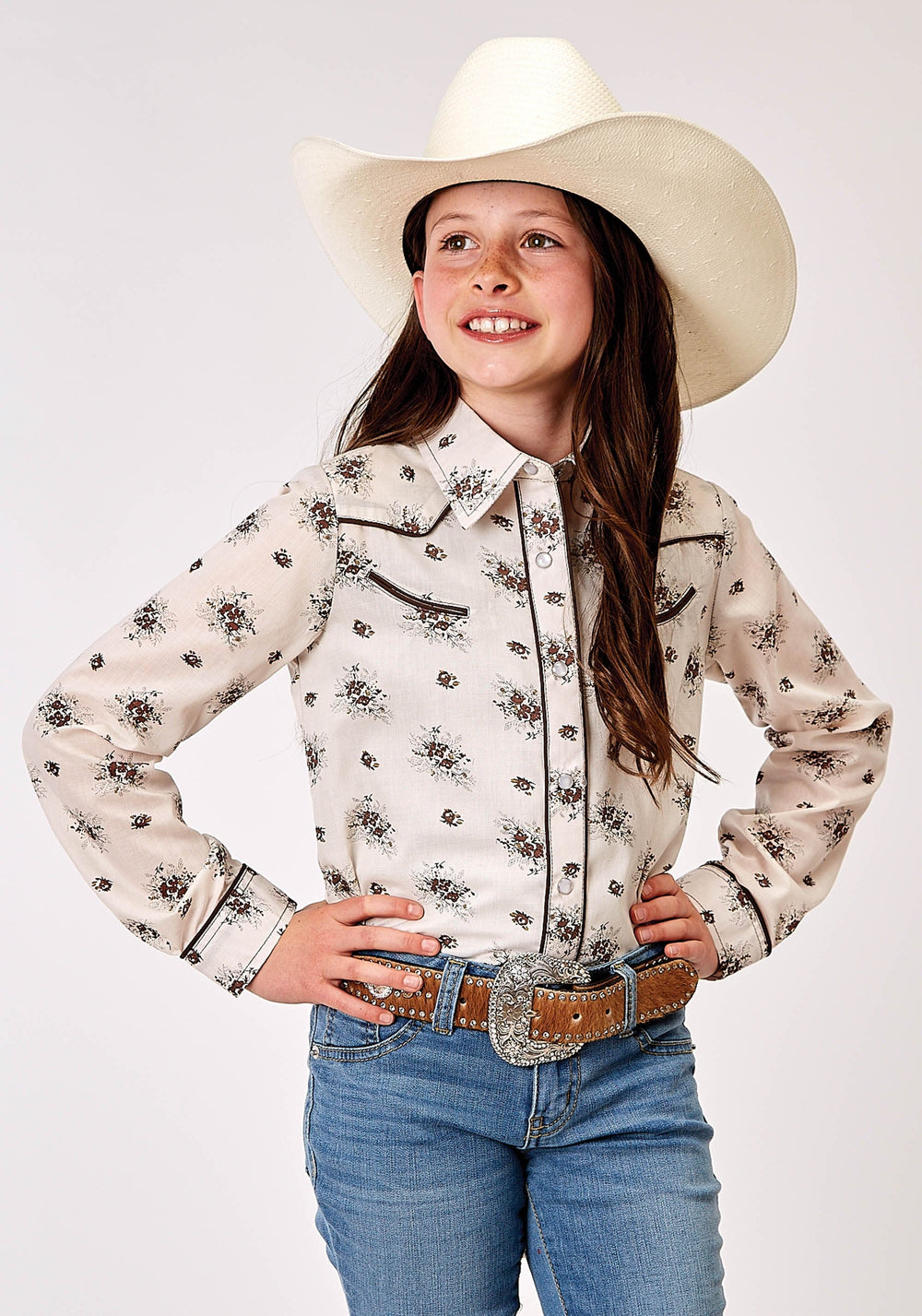 Roper Girls Long Sleeve Snap Vintage Floral Western Shirt With Solid Piping On Front And Back Yokes Smile Pockets - Roper