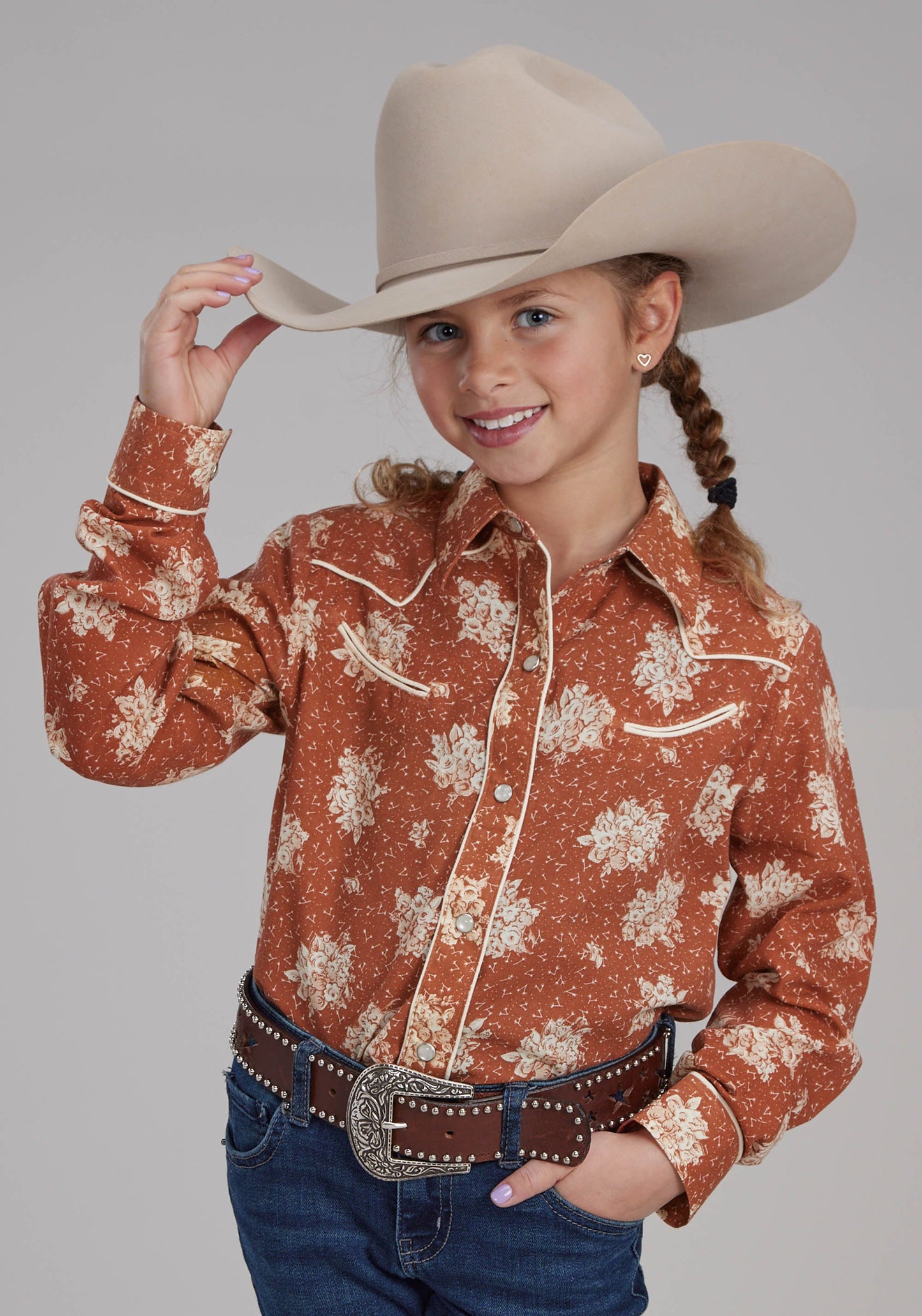 Roper Girls Orange And Cream Floral Print Long Sleeve Snap Western Shi