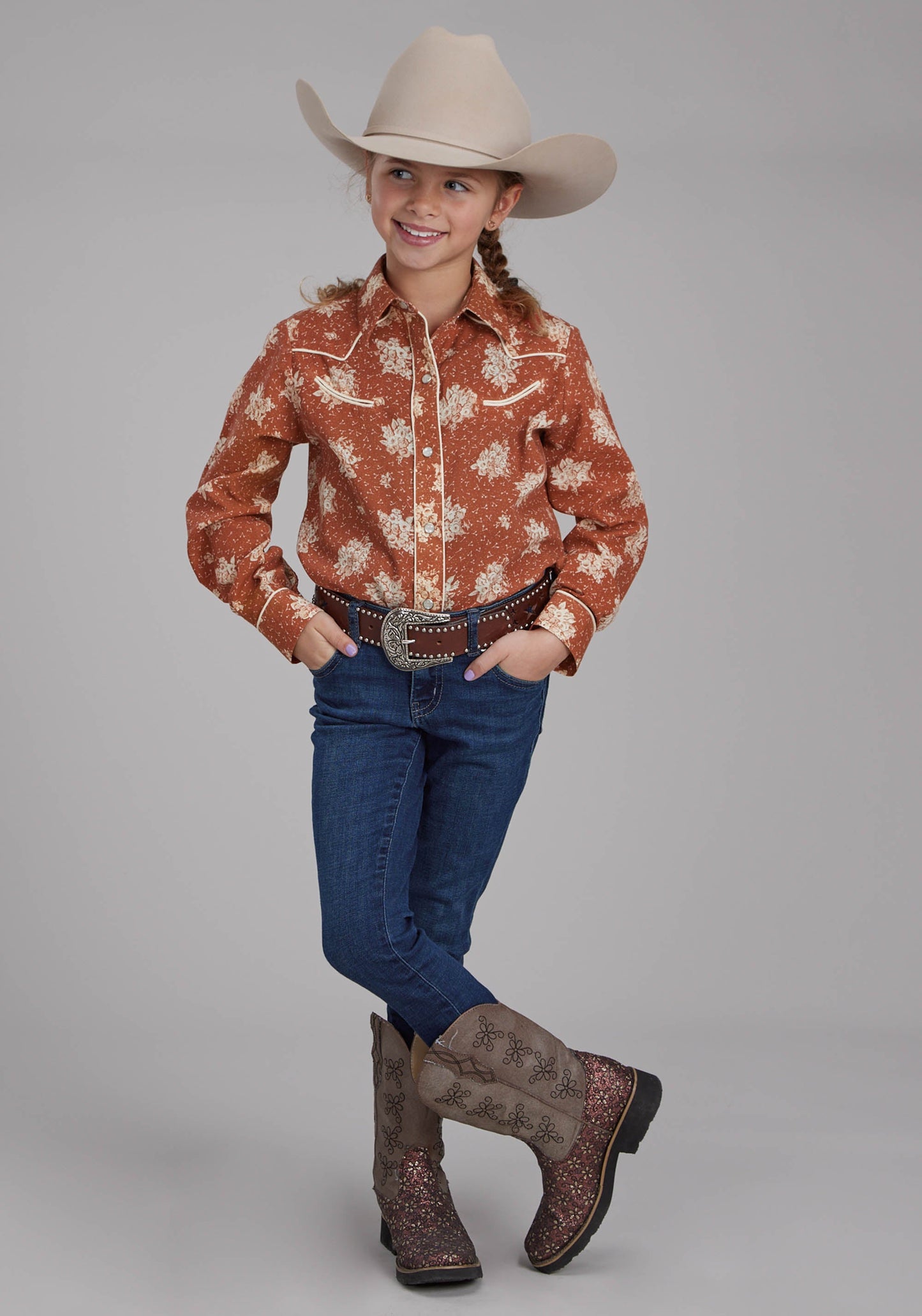 Roper Girls Orange And Cream Floral Print Long Sleeve Snap Western Shirt