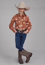 Roper Girls Orange And Cream Floral Print Long Sleeve Snap Western Shirt