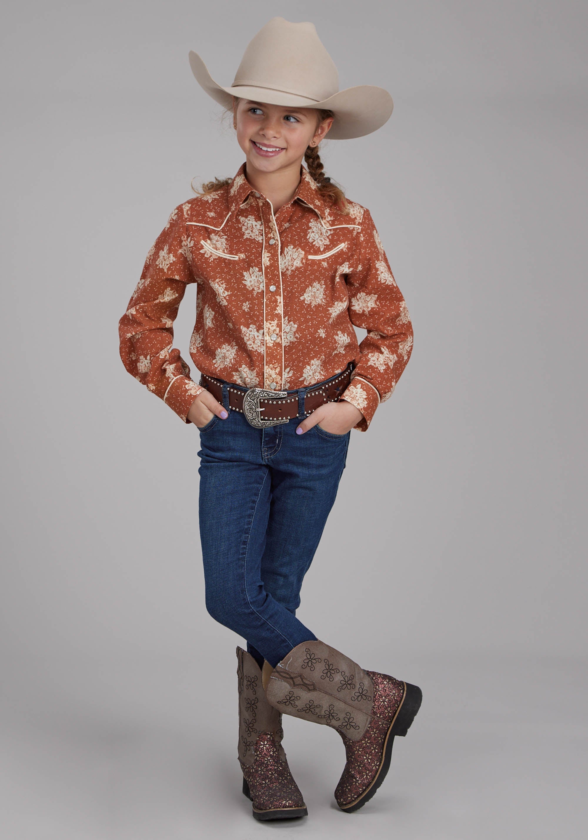 Roper Girls Orange And Cream Floral Print Long Sleeve Snap Western Shirt