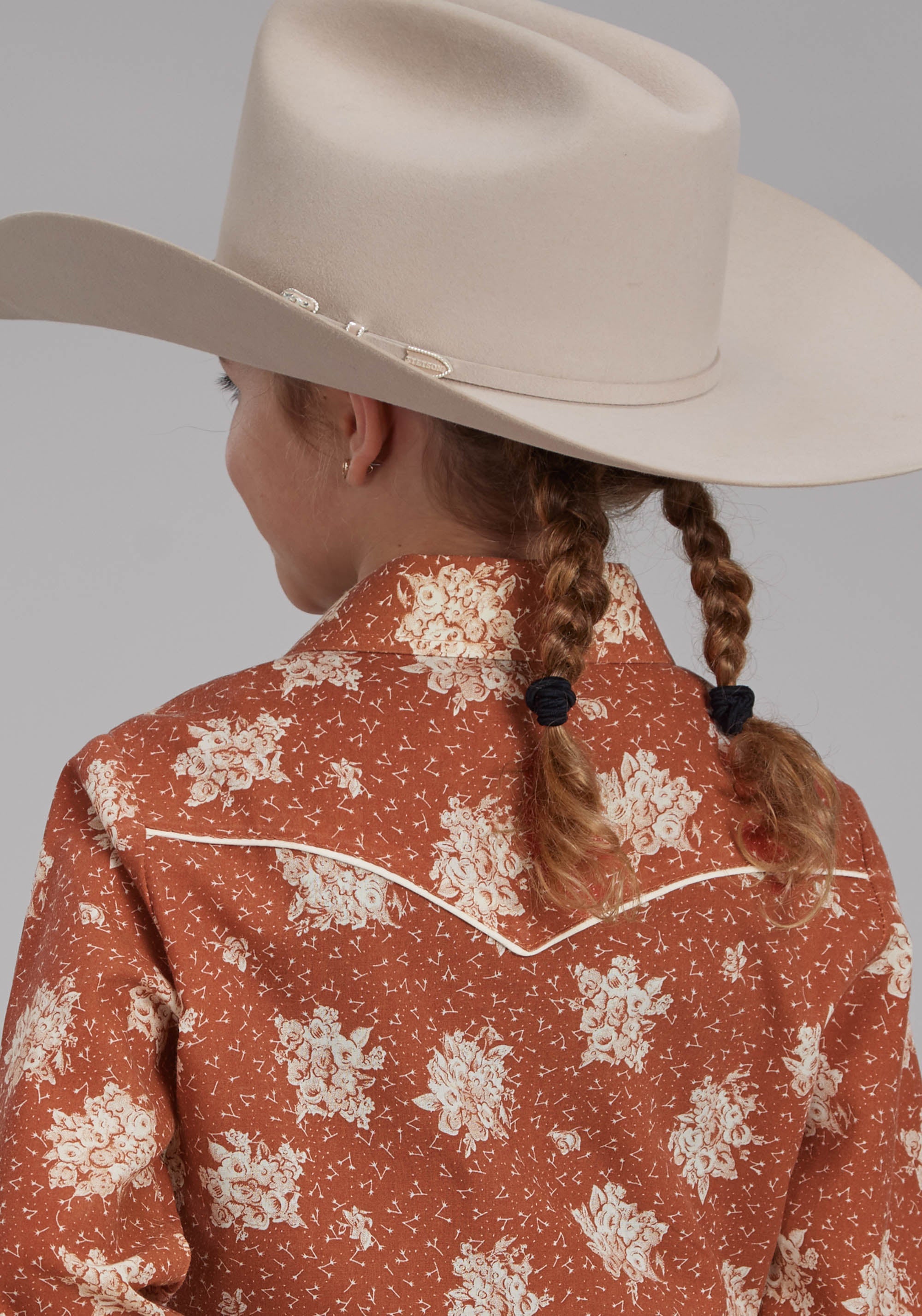 Roper Girls Orange And Cream Floral Print Long Sleeve Snap Western Shirt