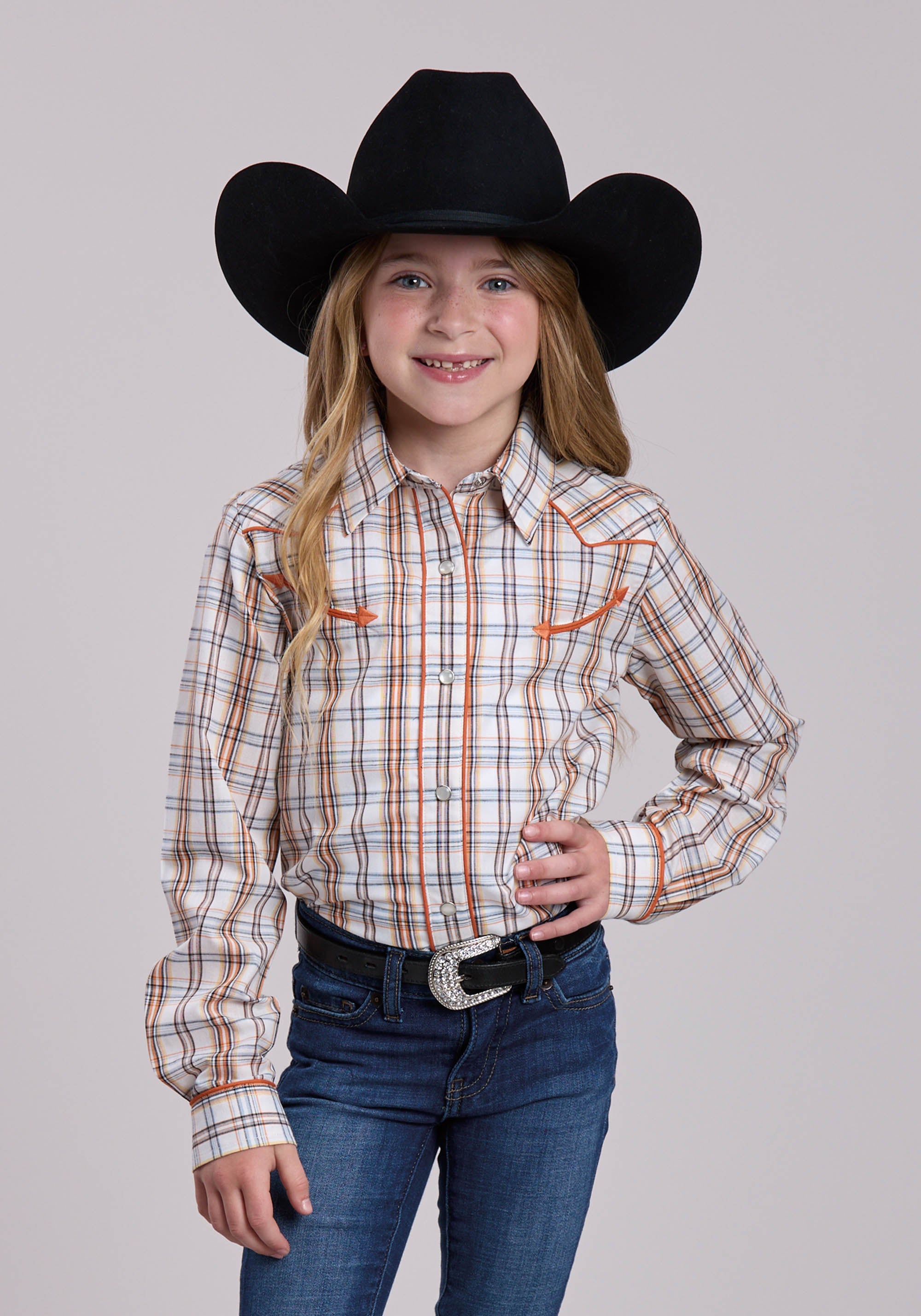 Girls Roper Cream  Orange Plaid Long Sleeve Snap Shirt