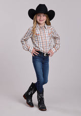 Girls Roper Cream  Orange Plaid Long Sleeve Snap Shirt