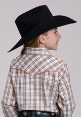 Girls Roper Cream  Orange Plaid Long Sleeve Snap Shirt