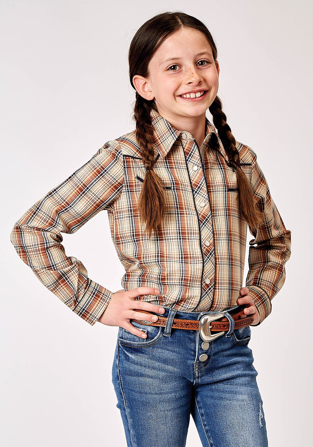 Roper Girls Long Sleeve Snap Brown Plaid Western Shirt With Solid Piping On Front And Back Yokes Smile Pockets - Roper
