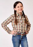 Roper Girls Long Sleeve Snap Brown Plaid Western Shirt With Solid Piping On Front And Back Yokes Smile Pockets - Roper