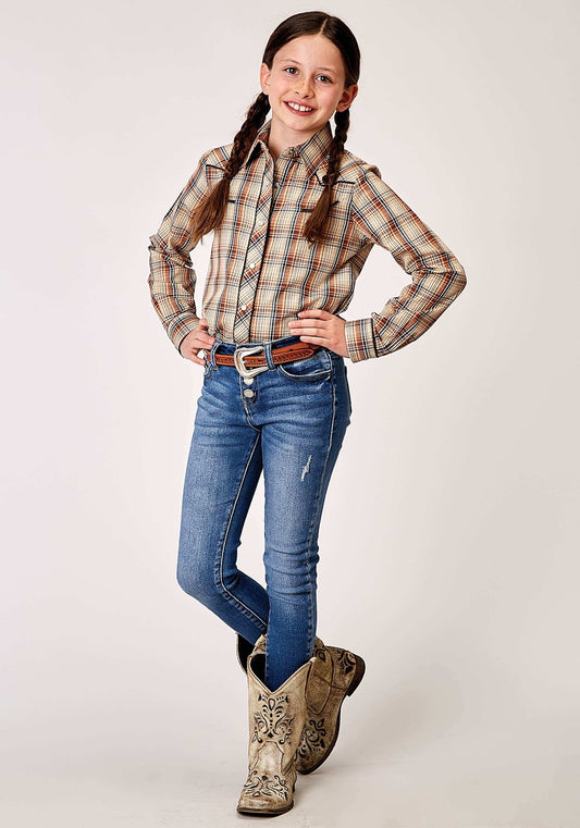 Roper Girls Long Sleeve Snap Brown Plaid Western Shirt With Solid Piping On Front And Back Yokes Smile Pockets - Roper - Flyclothing LLC