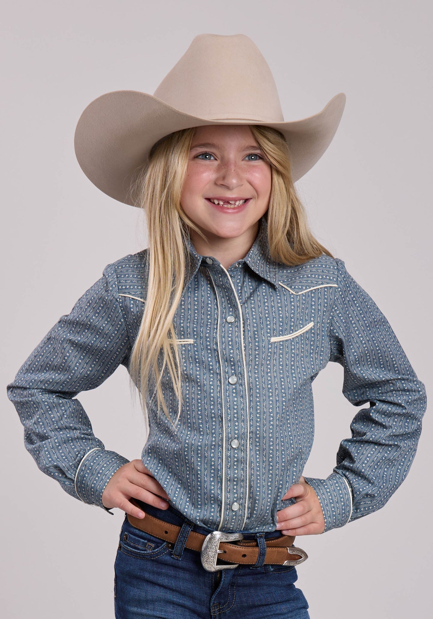 Girls Roper Blue  Cream Floral Wallpaper Stripe Long Sleeve Snap Shirt