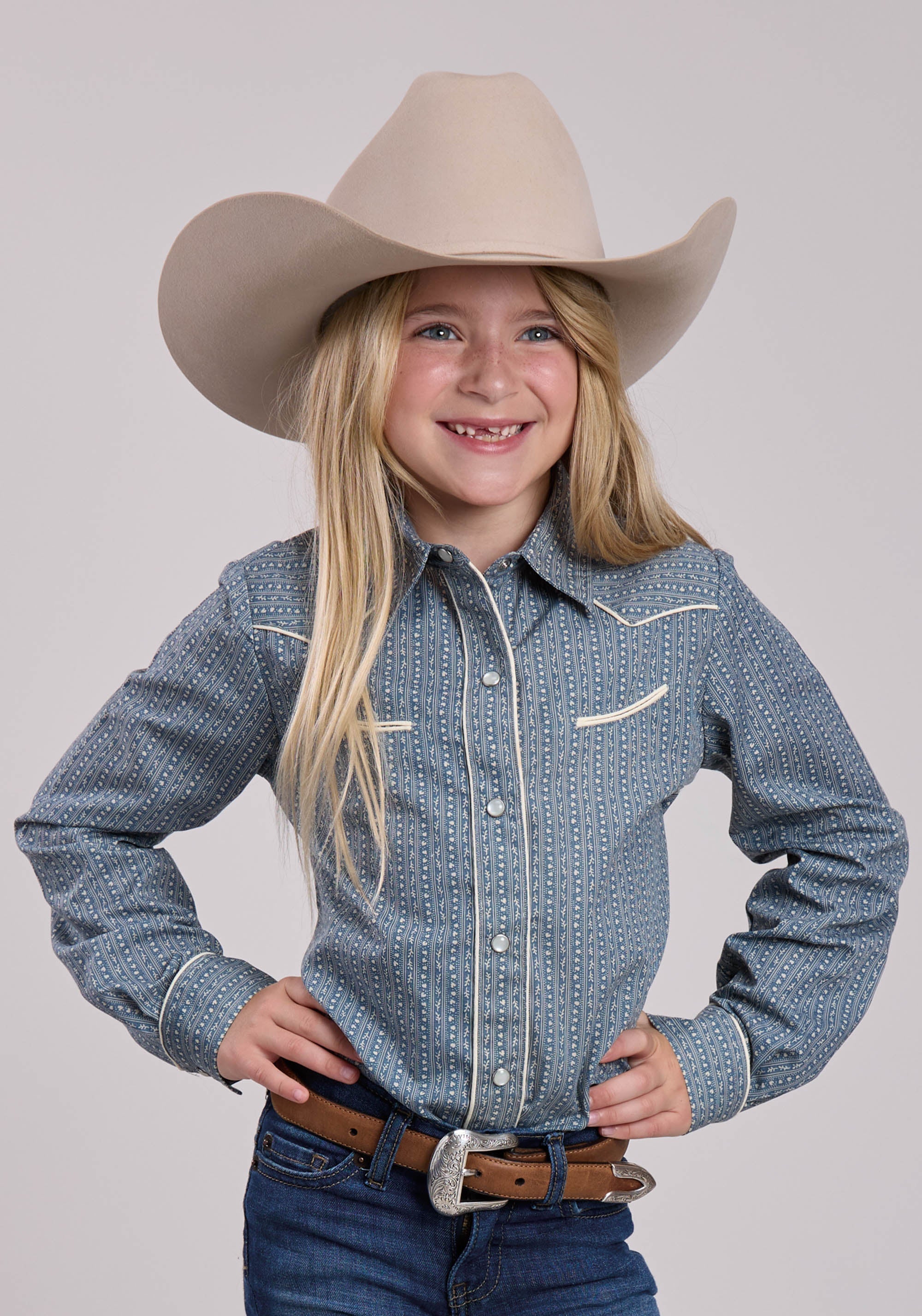 Girls Roper Blue  Cream Floral Wallpaper Stripe Long Sleeve Snap Shirt