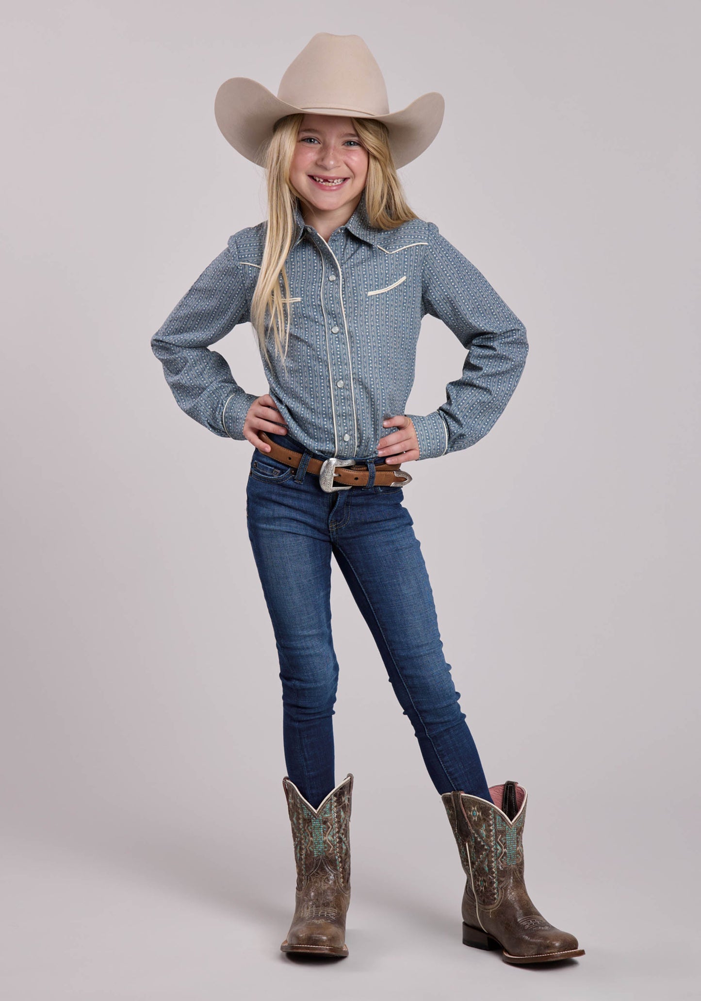 Girls Roper Blue  Cream Floral Wallpaper Stripe Long Sleeve Snap Shirt