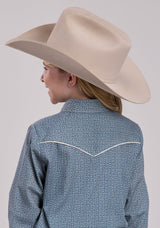 Girls Roper Blue  Cream Floral Wallpaper Stripe Long Sleeve Snap Shirt