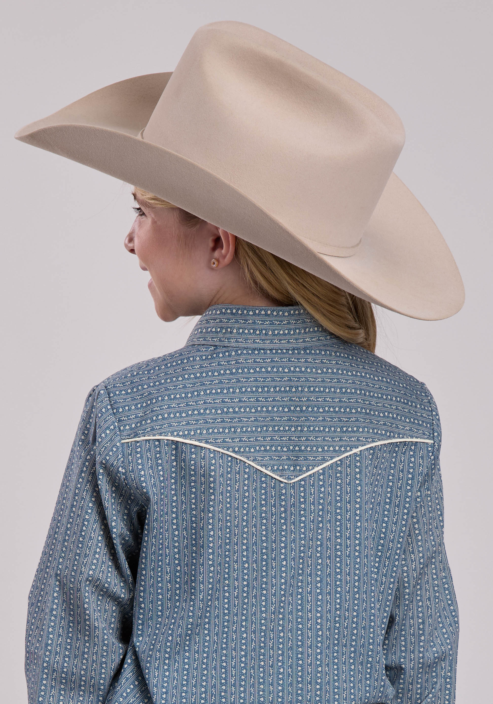 Girls Roper Blue  Cream Floral Wallpaper Stripe Long Sleeve Snap Shirt
