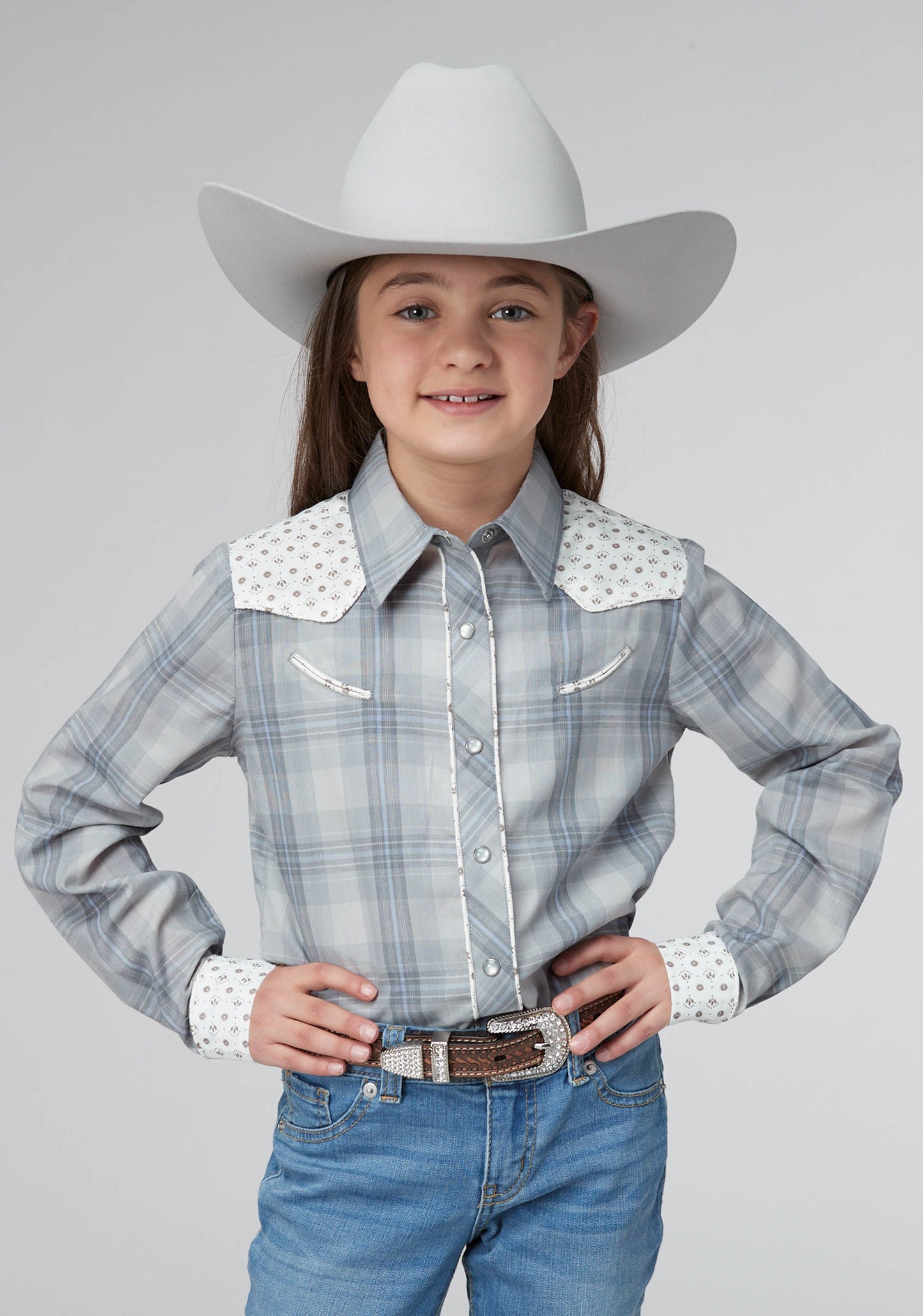 Roper Girls Gray Light Blue Plaid Long Sleeve Snap Western Shirt