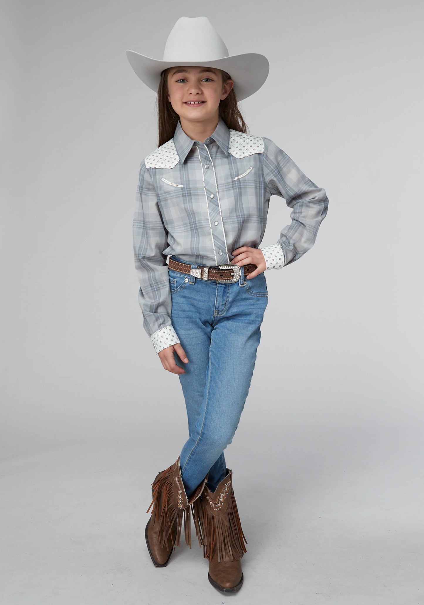 Roper Girls Gray Light Blue Plaid Long Sleeve Snap Western Shirt