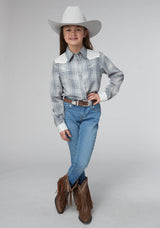Roper Girls Gray Light Blue Plaid Long Sleeve Snap Western Shirt