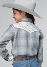 Roper Girls Gray Light Blue Plaid Long Sleeve Snap Western Shirt