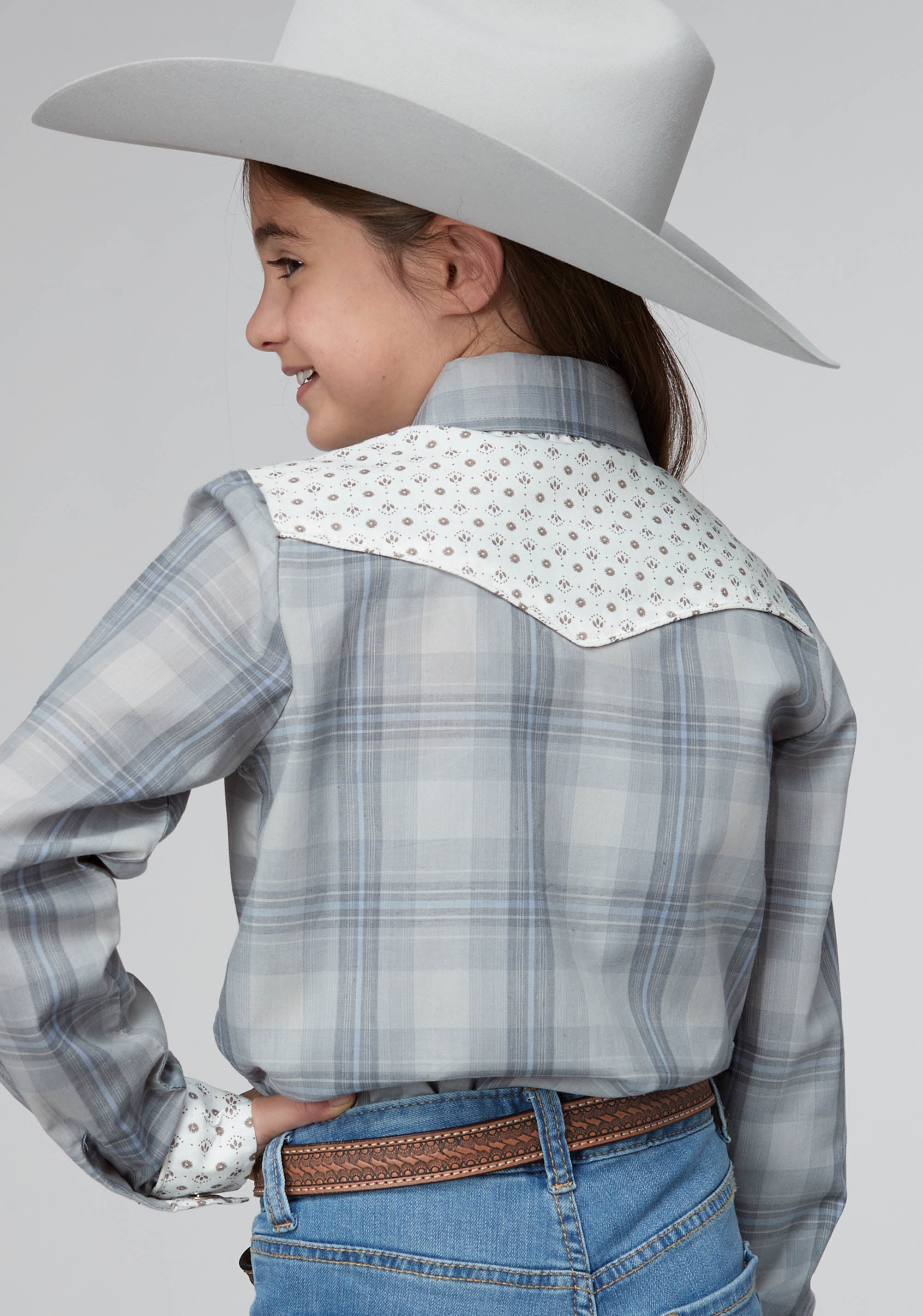 Roper Girls Gray Light Blue Plaid Long Sleeve Snap Western Shirt