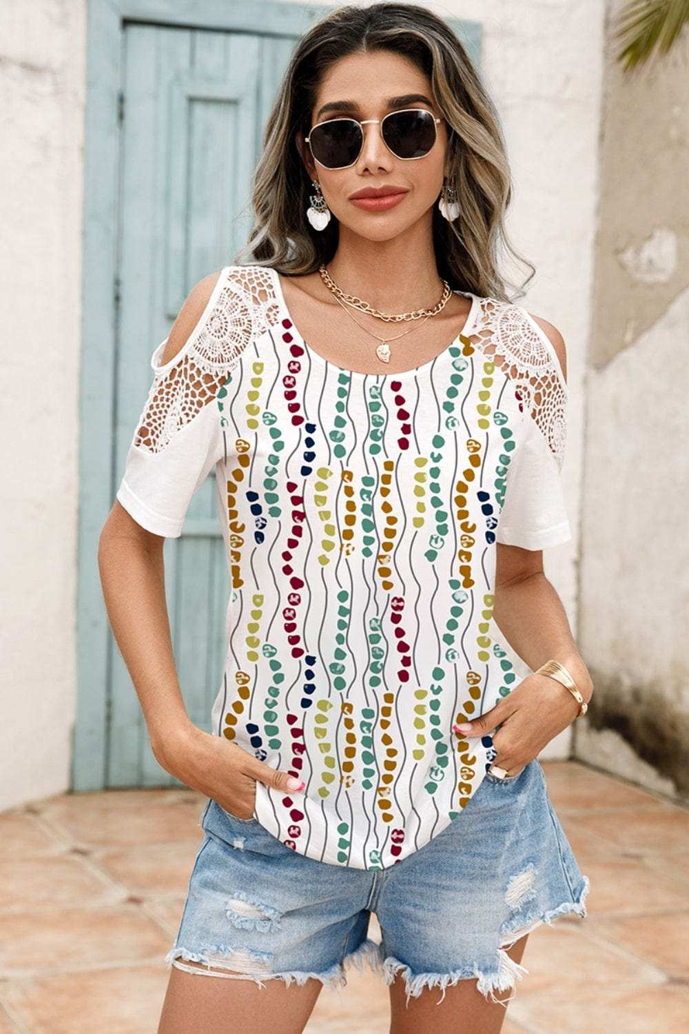 Lace Detail Round Neck Cold Shoulder Blouse - Trendsi - Flyclothing LLC