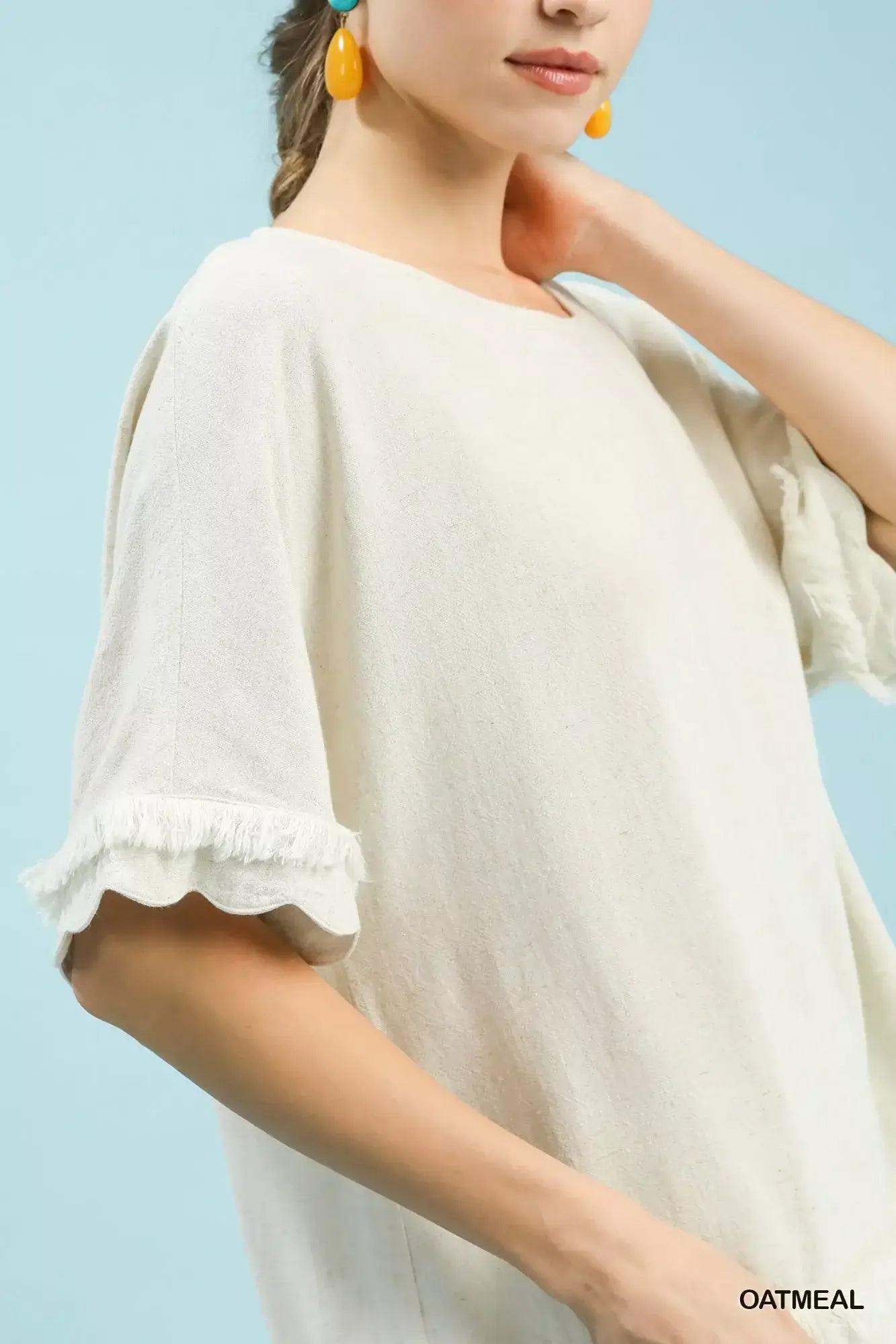 Umgee Linen Frayed Hem Scallop Edge Top - Trendsi - Flyclothing LLC