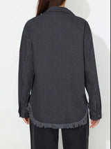 Raw Hem Pearl Trim Collared Neck Denim Top - Trendsi - Flyclothing LLC