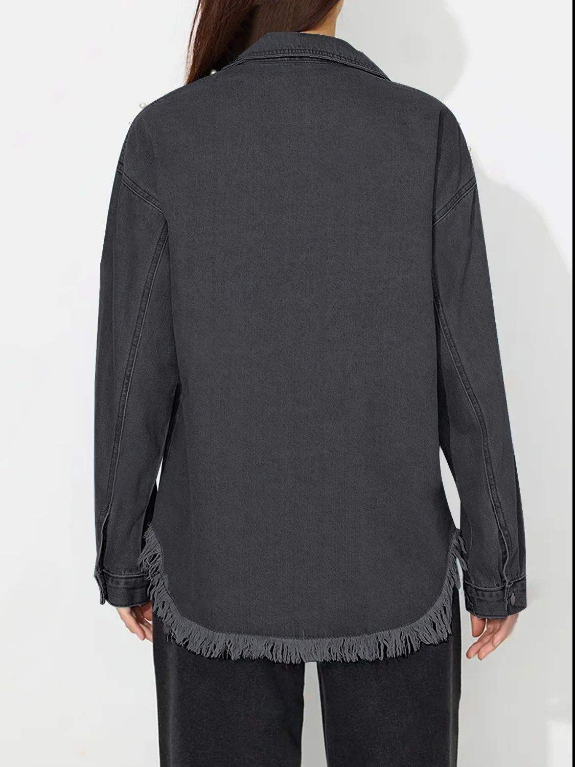 Raw Hem Pearl Trim Collared Neck Denim Top - Trendsi - Flyclothing LLC