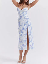 Floral Print Lace Trim Slit Midi Dress - Trendsi - Flyclothing LLC