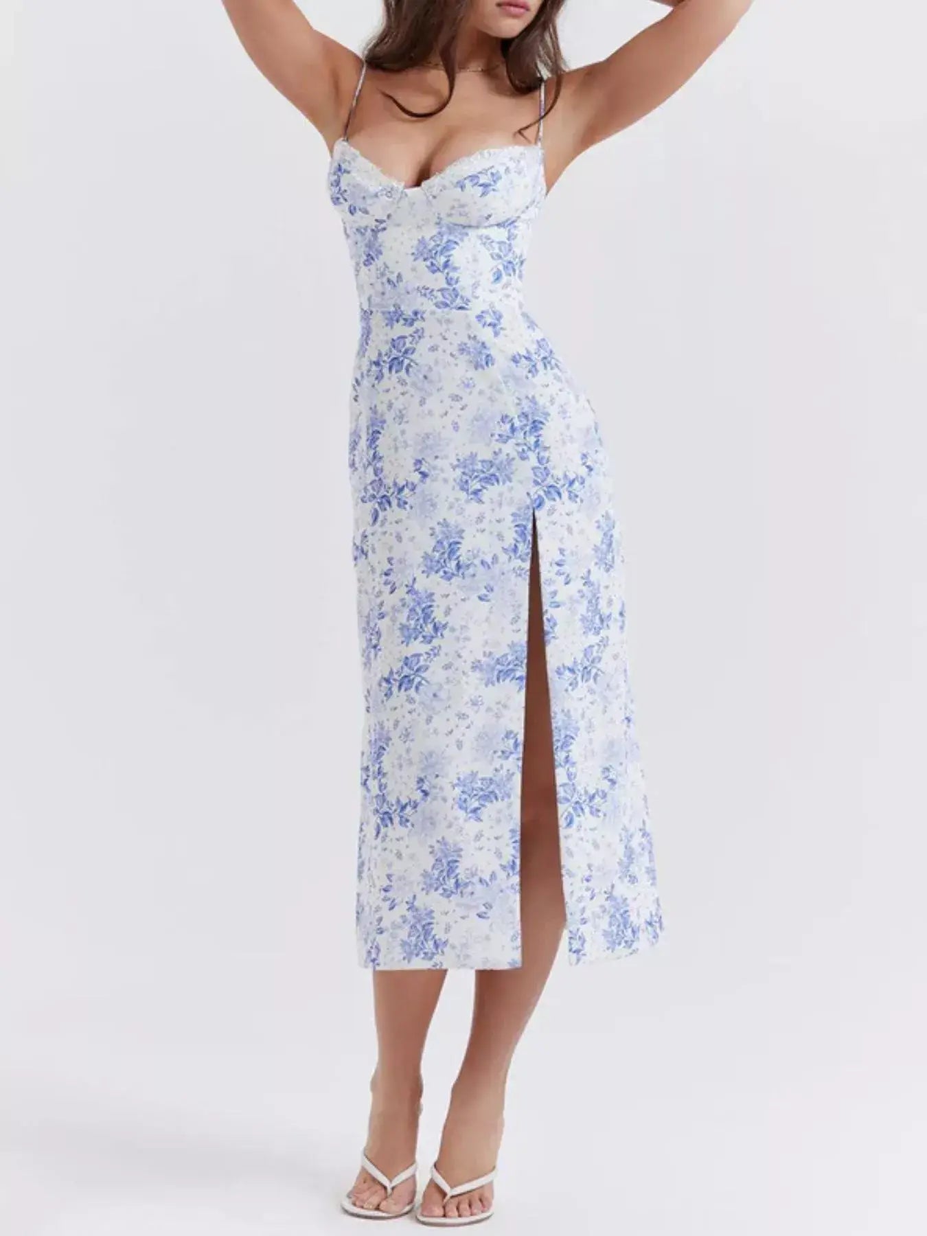 Floral Print Lace Trim Slit Midi Dress - Trendsi - Flyclothing LLC