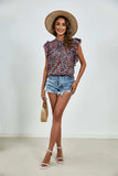 Ruffled Ditsy Floral Mock Neck Cap Sleeve Blouse - Trendsi - Flyclothing LLC