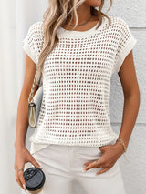 Openwork Round Neck Short Sleeve Knit Cover Up - Trendsi - Flyclothing LLC