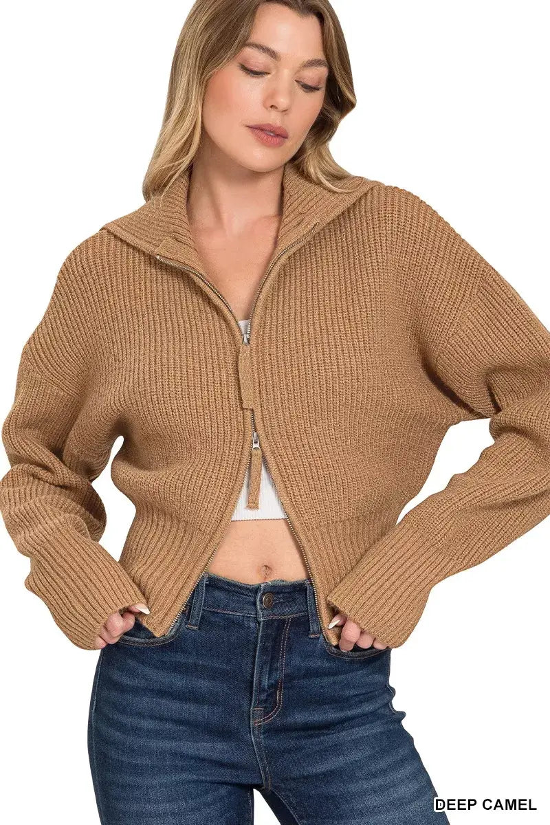 Zenana Ribbed Collared Zip Up Sweater Cardigan - Trendsi - Flyclothing LLC