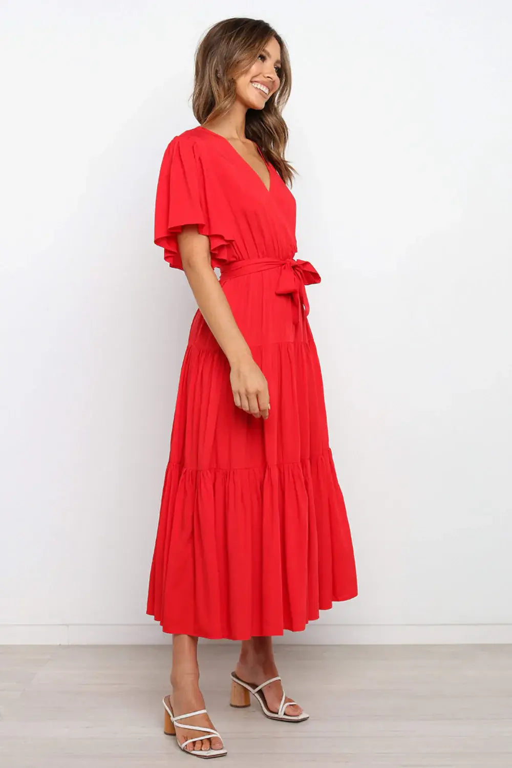 Front Tie Short Sleeve Tiered Midi Dress - Trendsi - Flyclothing LLC