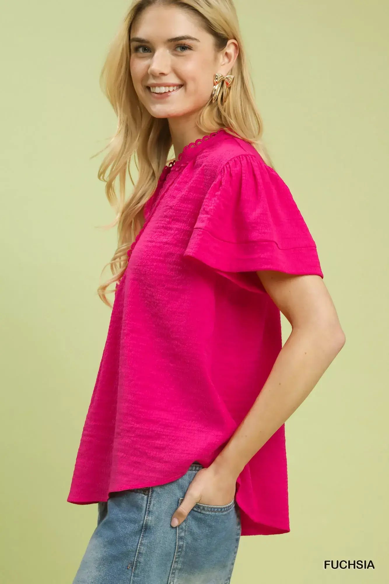 Umgee Seersucker Short Sleeve Top with Lace Trim - Trendsi - Flyclothing LLC
