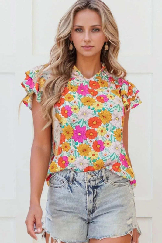 Floral Print Shirred Tiered Ruffled Sleeve Blouse - Trendsi - Flyclothing LLC