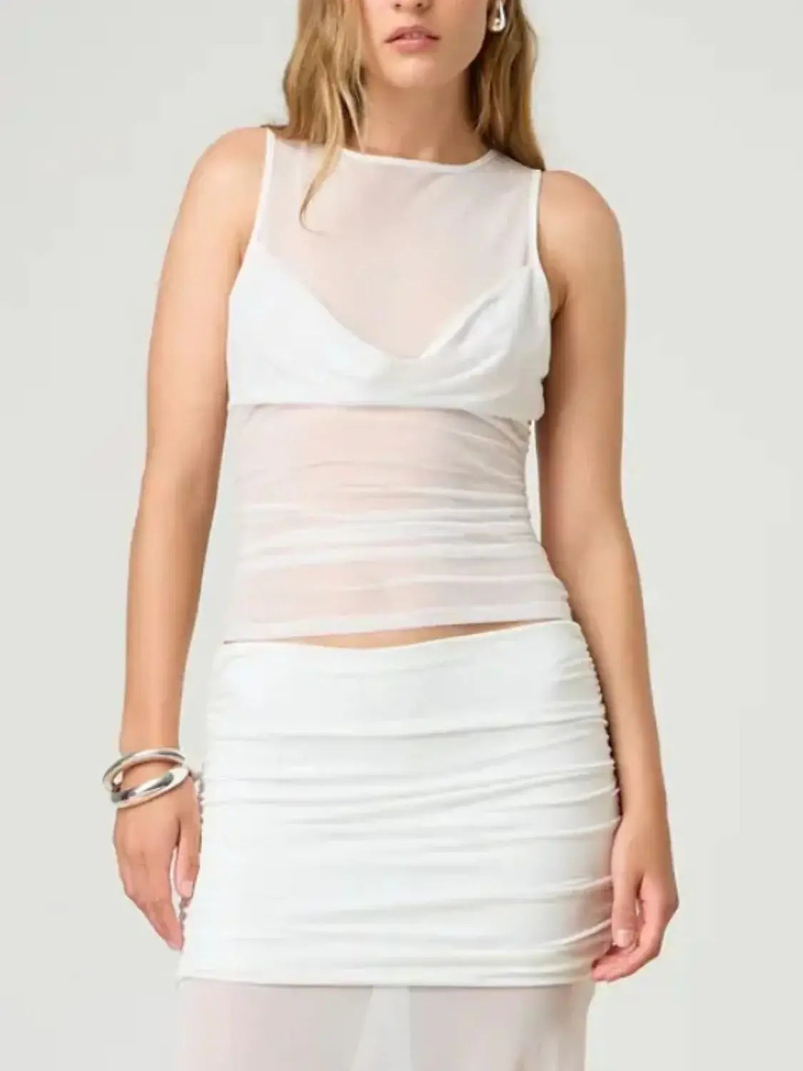 Ruched Round Neck Tank - Trendsi - Flyclothing LLC