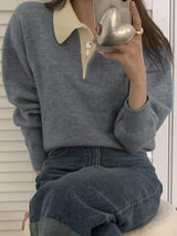 Polo Collar Dropped Shoulder Sweater - Trendsi - Flyclothing LLC