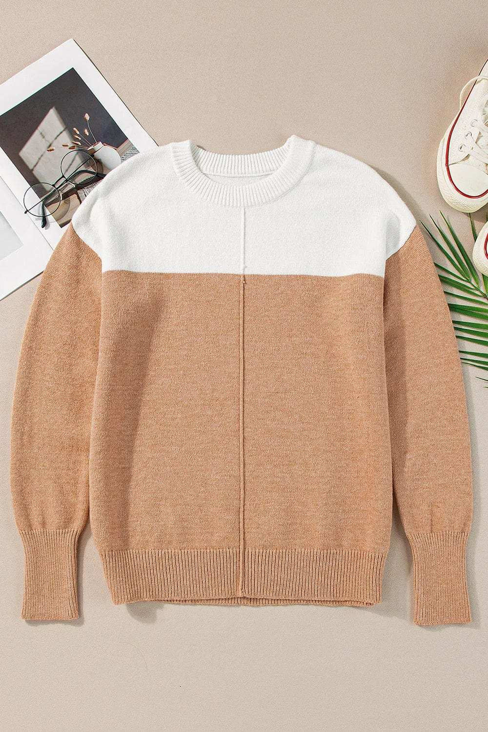 Color Block Round Neck Long Sleeve Sweater - Trendsi - Flyclothing LLC