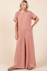 Mittoshop Button Detail Short Sleeve Wide Leg Jumpsuit - Trendsi - Flyclothing LLC