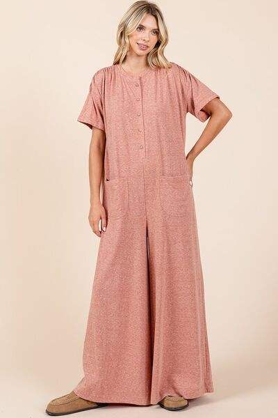 Mittoshop Button Detail Short Sleeve Wide Leg Jumpsuit - Trendsi - Flyclothing LLC