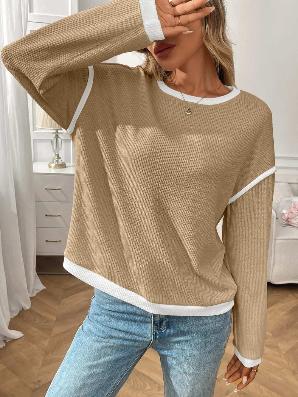 Ribbed Contrast Trim Long Sleeve Top - Trendsi - Flyclothing LLC
