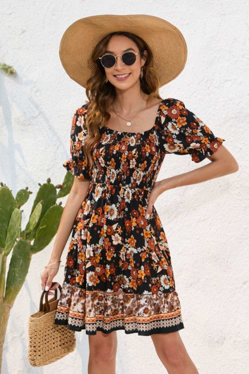 Printed Square Neck Short Sleeve Dress - Trendsi - Flyclothing LLC