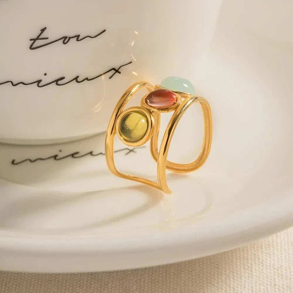18K Gold-Plated Gemstone Open Cuff Ring - Trendsi - Flyclothing LLC