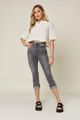 Judy Blue Full Size Button Fly High Waist Cuffed Capris - Trendsi - Flyclothing LLC
