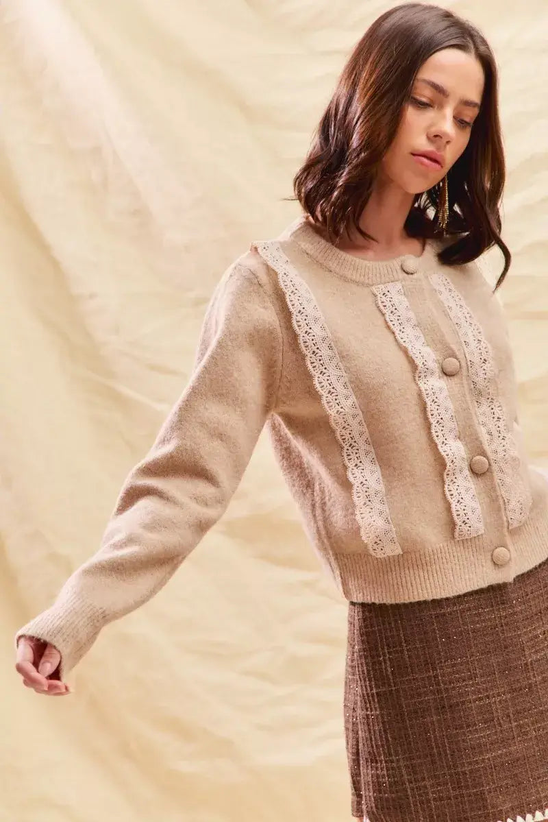 SO ME Front Lace Trim Button Cardigan Sweater - Trendsi - Flyclothing LLC