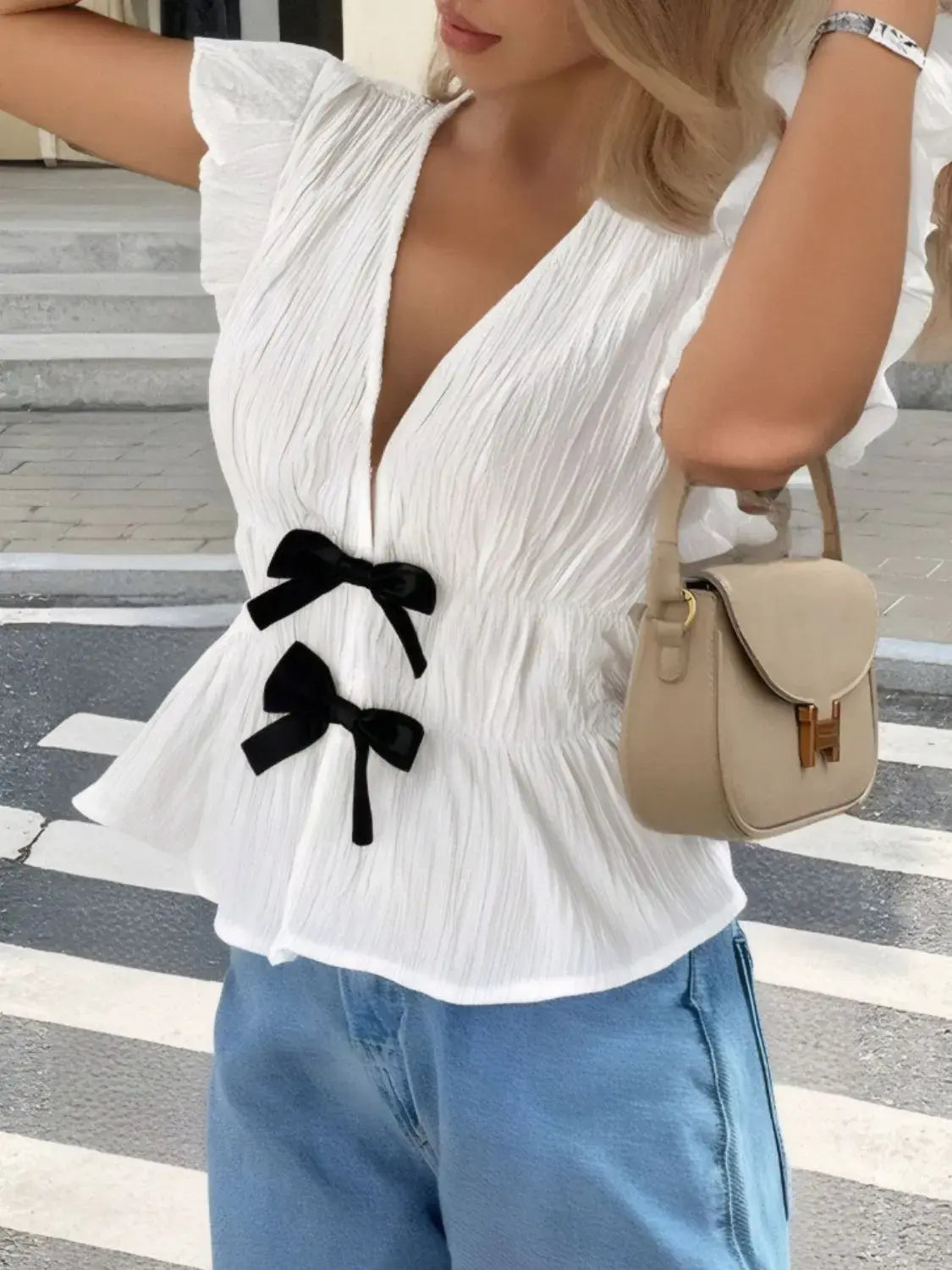 Bow V-Neck Cap Sleeve Blouse - Trendsi - Flyclothing LLC
