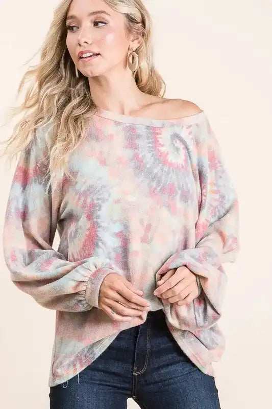 BiBi Brushed Tie Dye Print Top with Puff Sleeves - Trendsi - Flyclothing LLC
