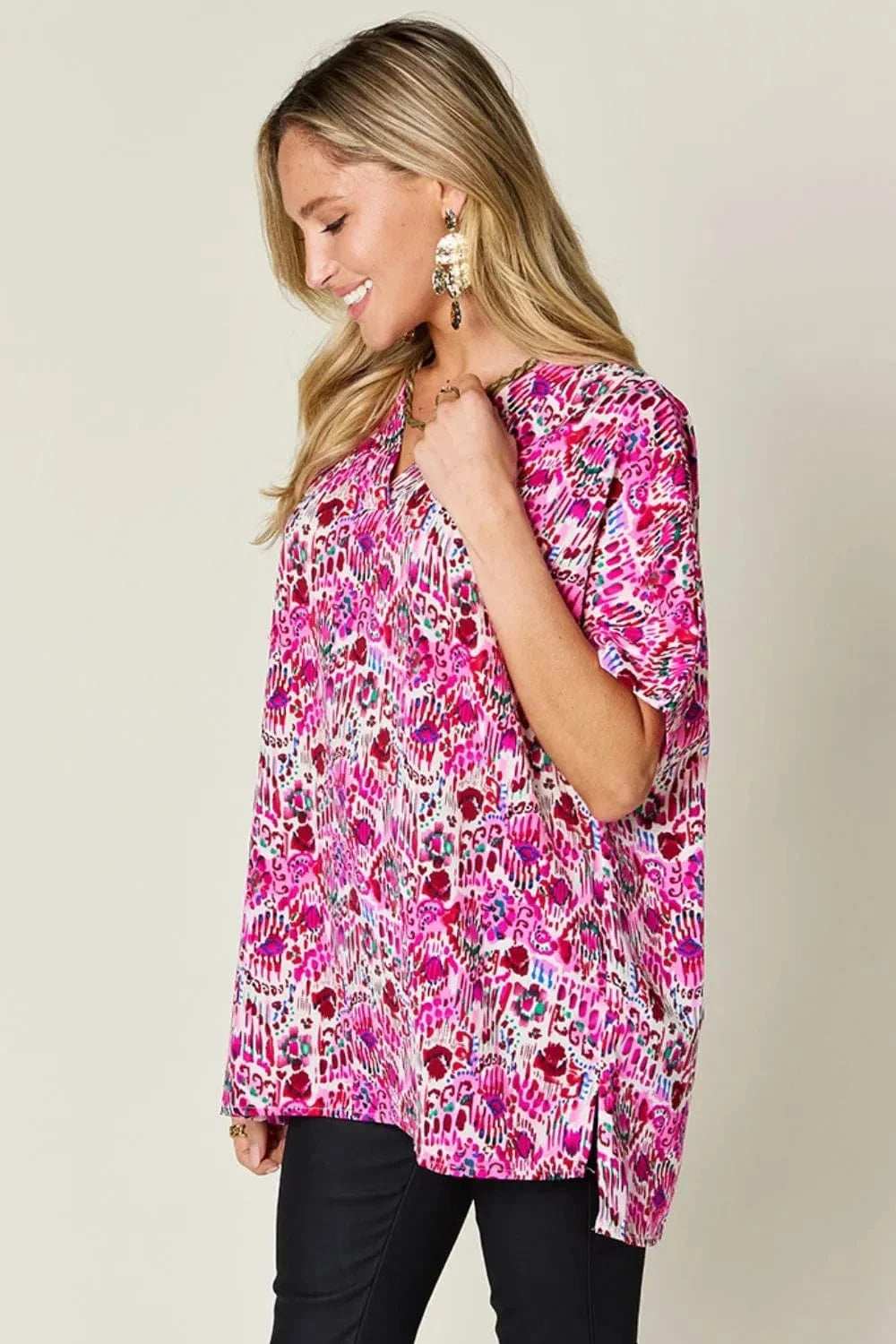 Double Take Full Size Printed V-Neck Short Sleeve Blouse - Trendsi - Flyclothing LLC